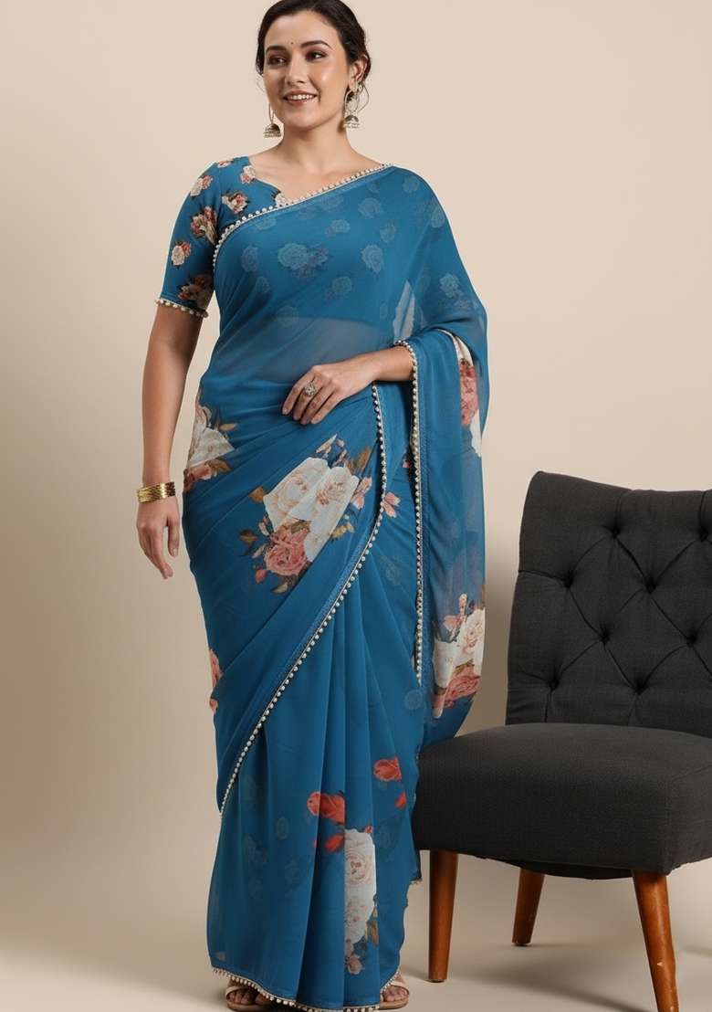 Firozi Blue Printed Georgette Saree Set - Indya