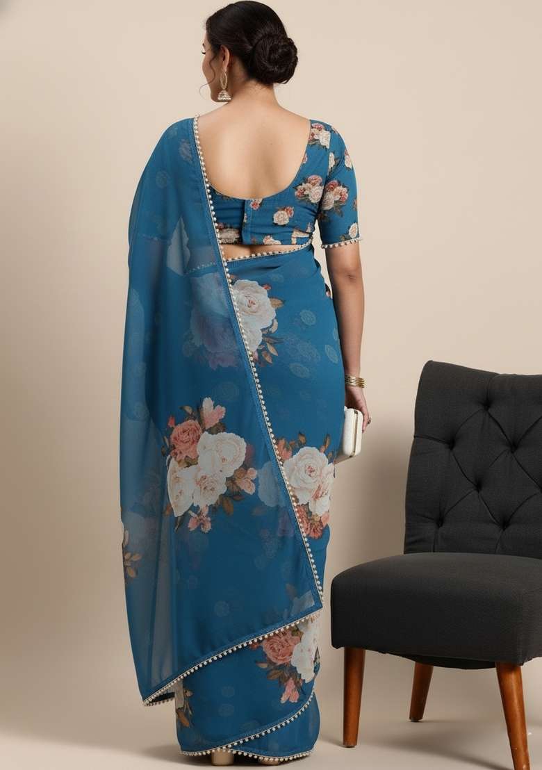 Firozi Blue Printed Georgette Saree Set - Indya