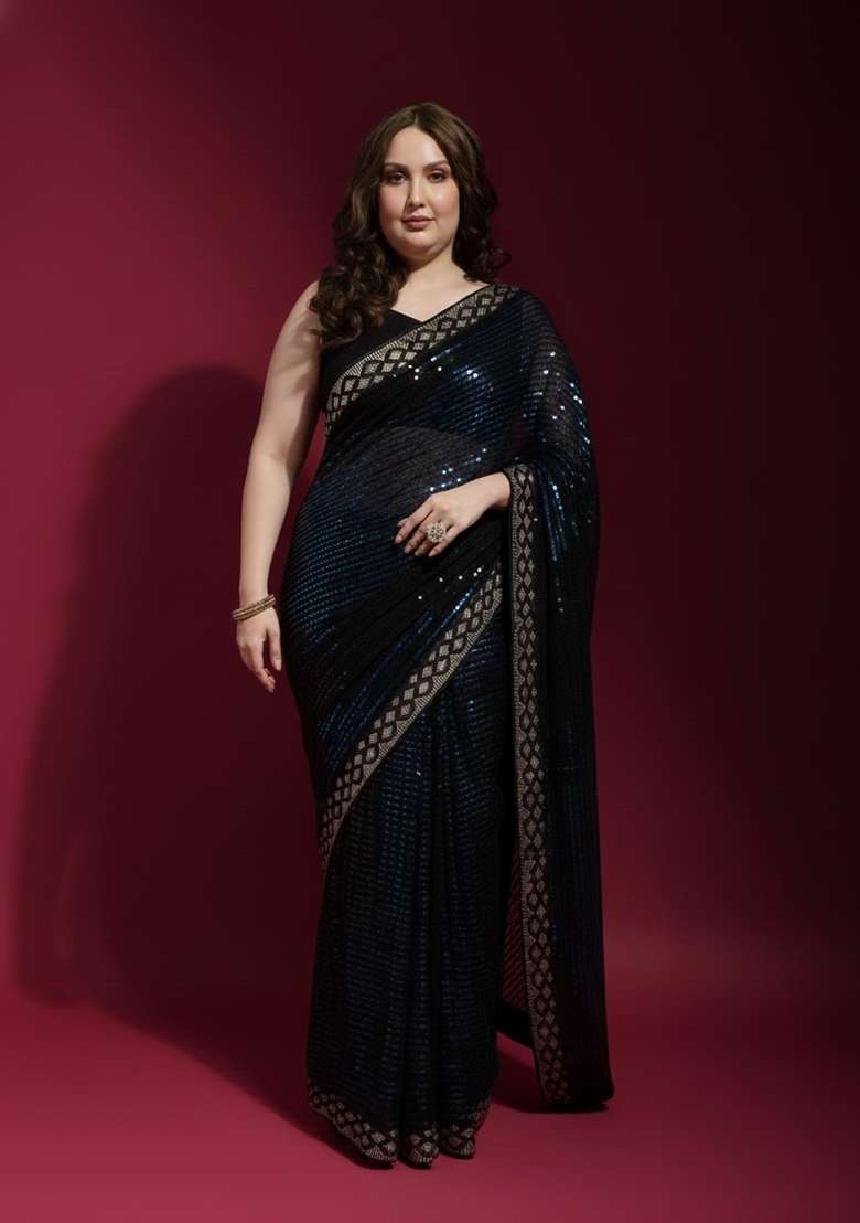 Black Embroidered Georgette Saree Set - Indya