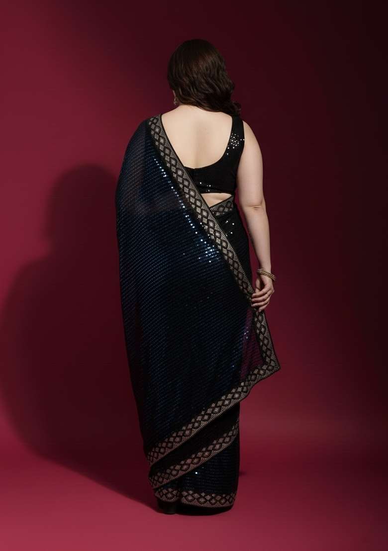 Black Embroidered Georgette Saree Set - Indya