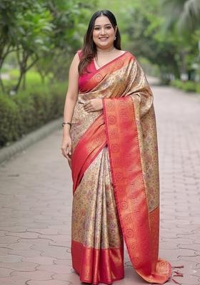 Beige Motif Silk Saree Set