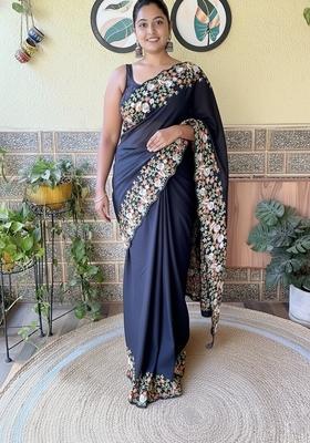 Black Embroidered Silk Saree Set