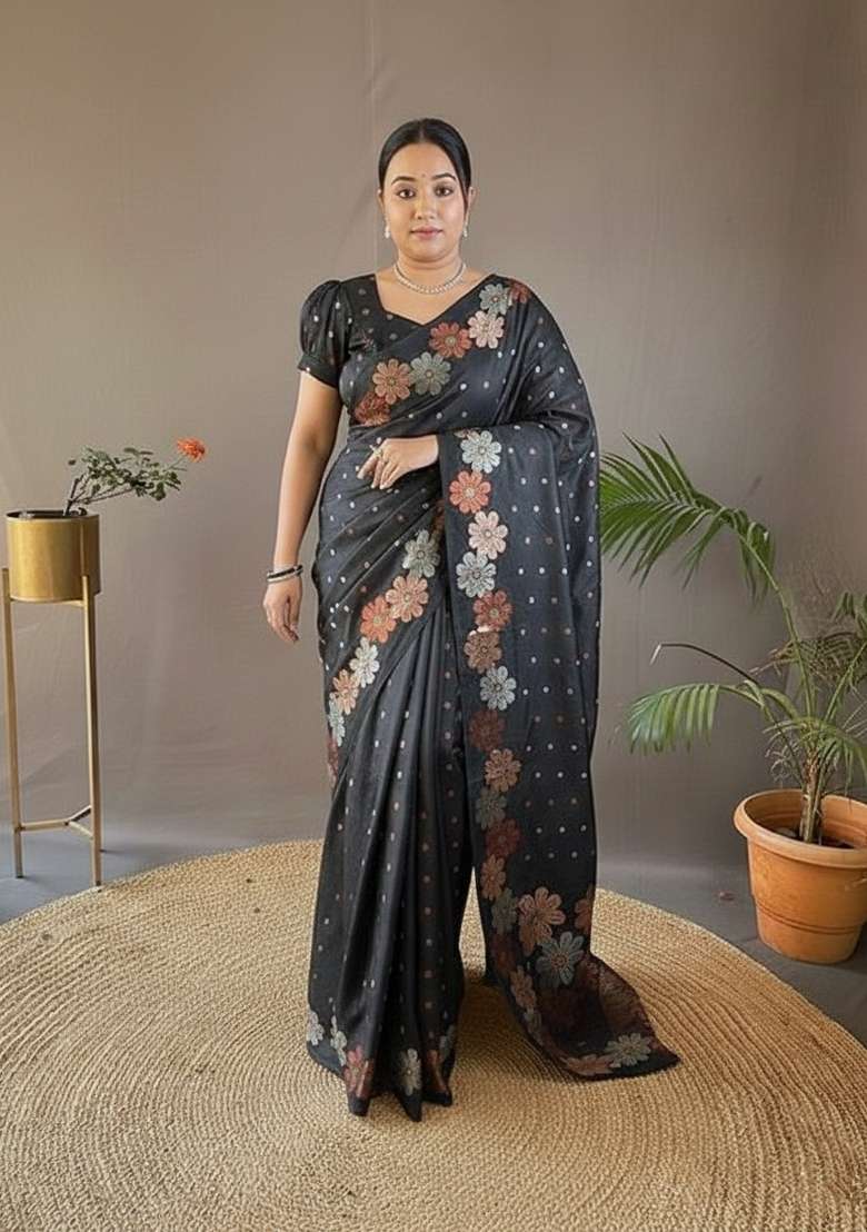 Black Zari Work Silk Saree Set - Indya