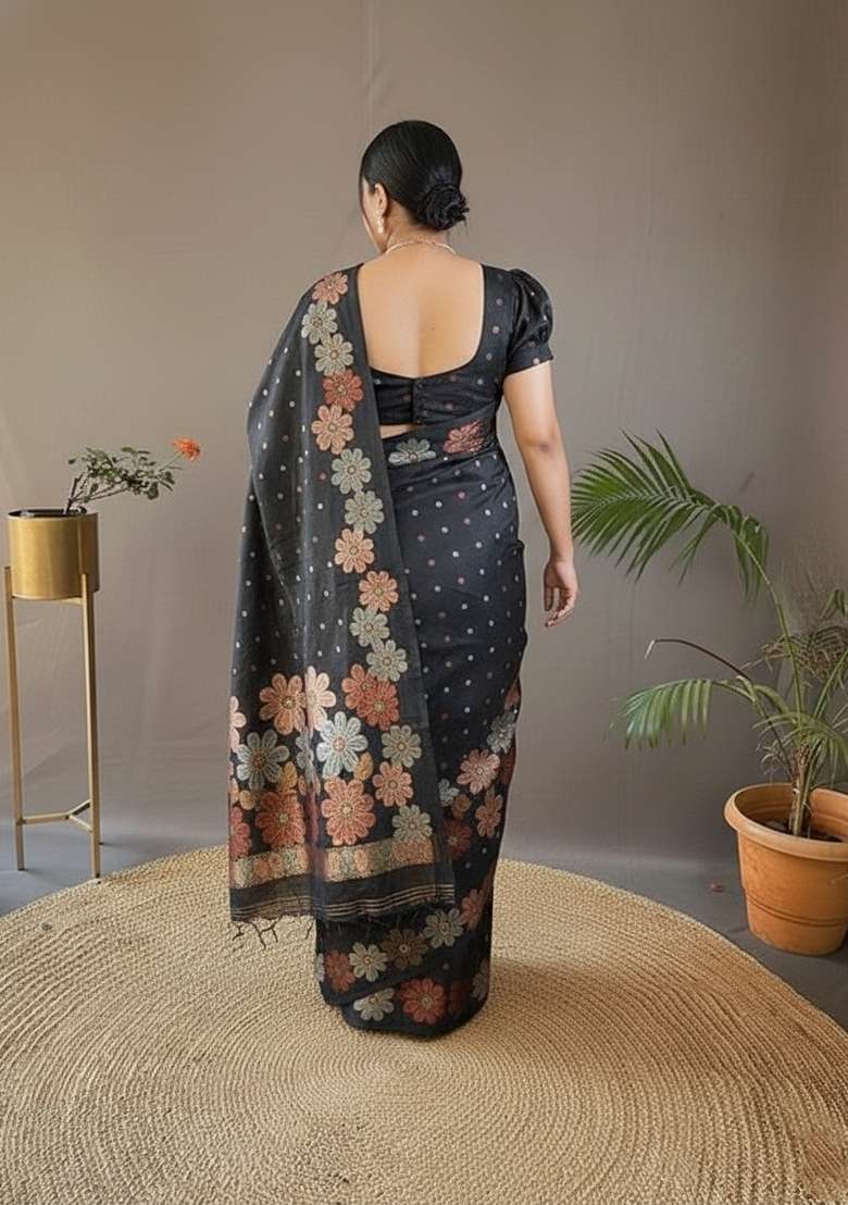 Black Zari Work Silk Saree Set - Indya