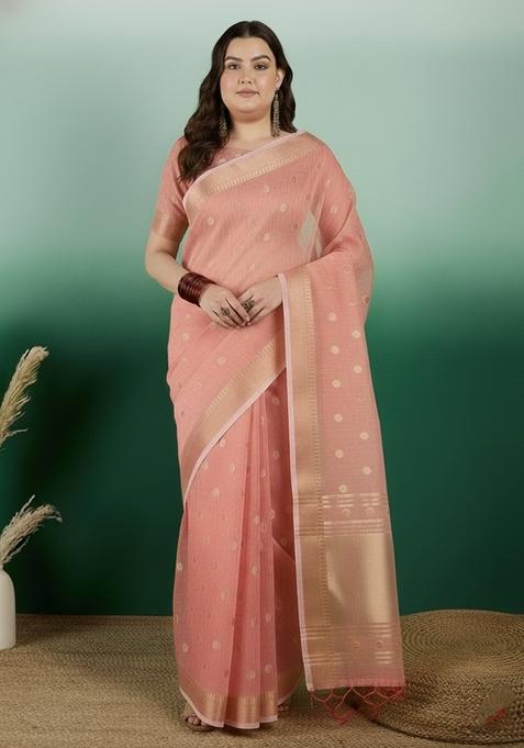 Peach Zari Work Woven Saree Set