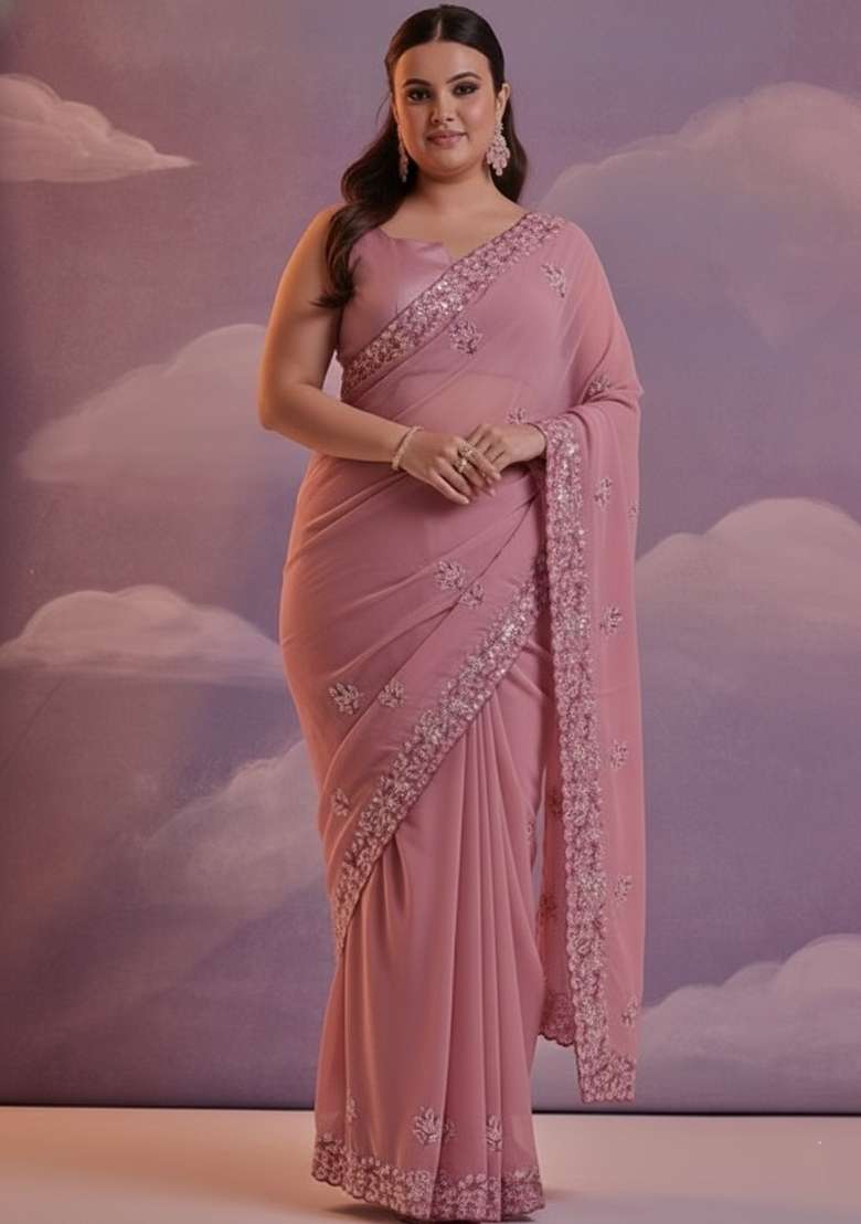 Cyan Embroidered Georgette Saree Set - Indya