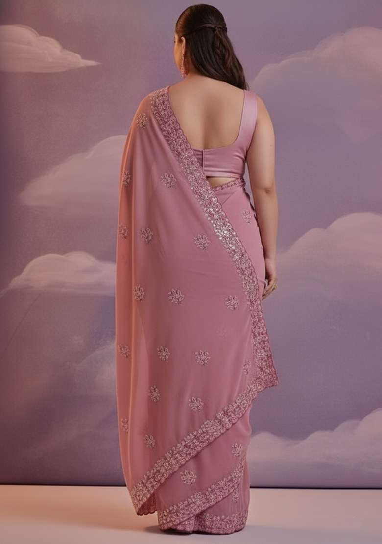 Cyan Embroidered Georgette Saree Set - Indya