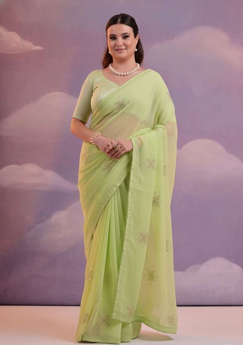 Green Embroidered Georgette Saree Set - Indya