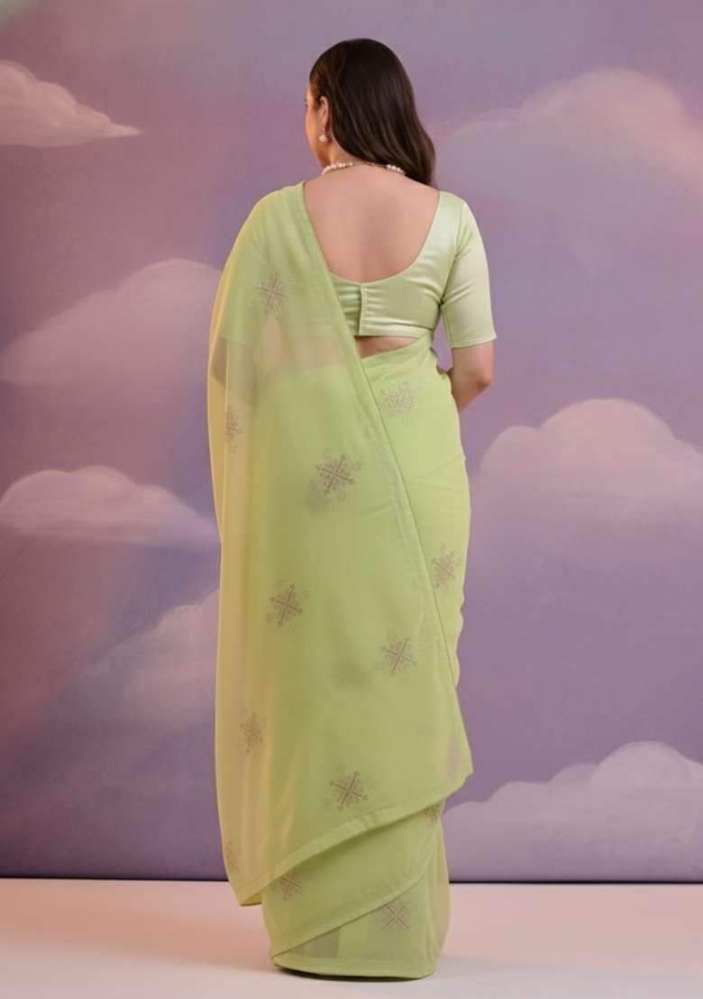 Green Embroidered Georgette Saree Set - Indya