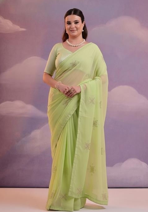 Green Embroidered Georgette Saree Set