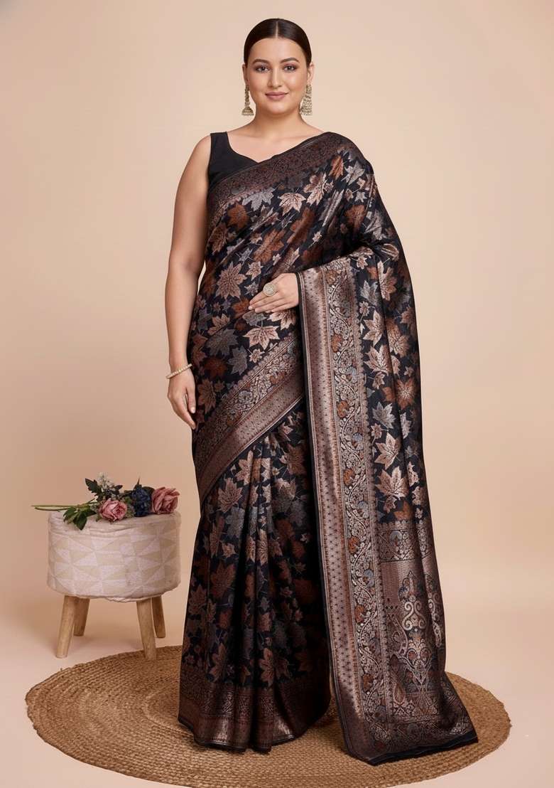 Black Zari Work Silk Saree Set - Indya