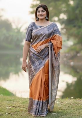 Yellow Motif Silk Saree Set