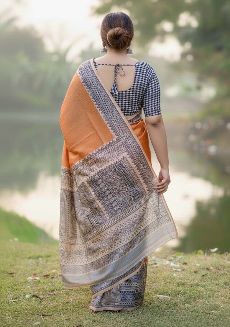 Yellow Motif Silk Saree Set - Indya