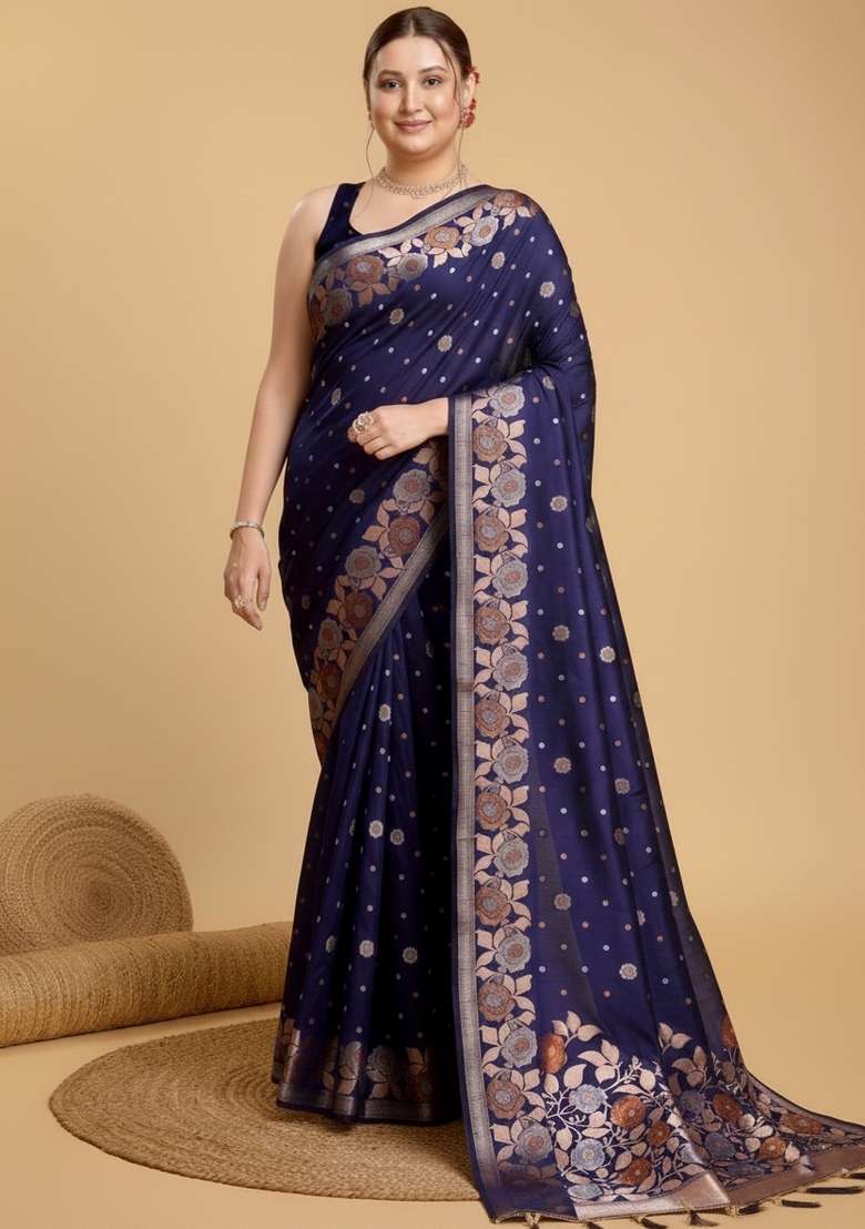 Blue Motif Silk Saree Set - Indya