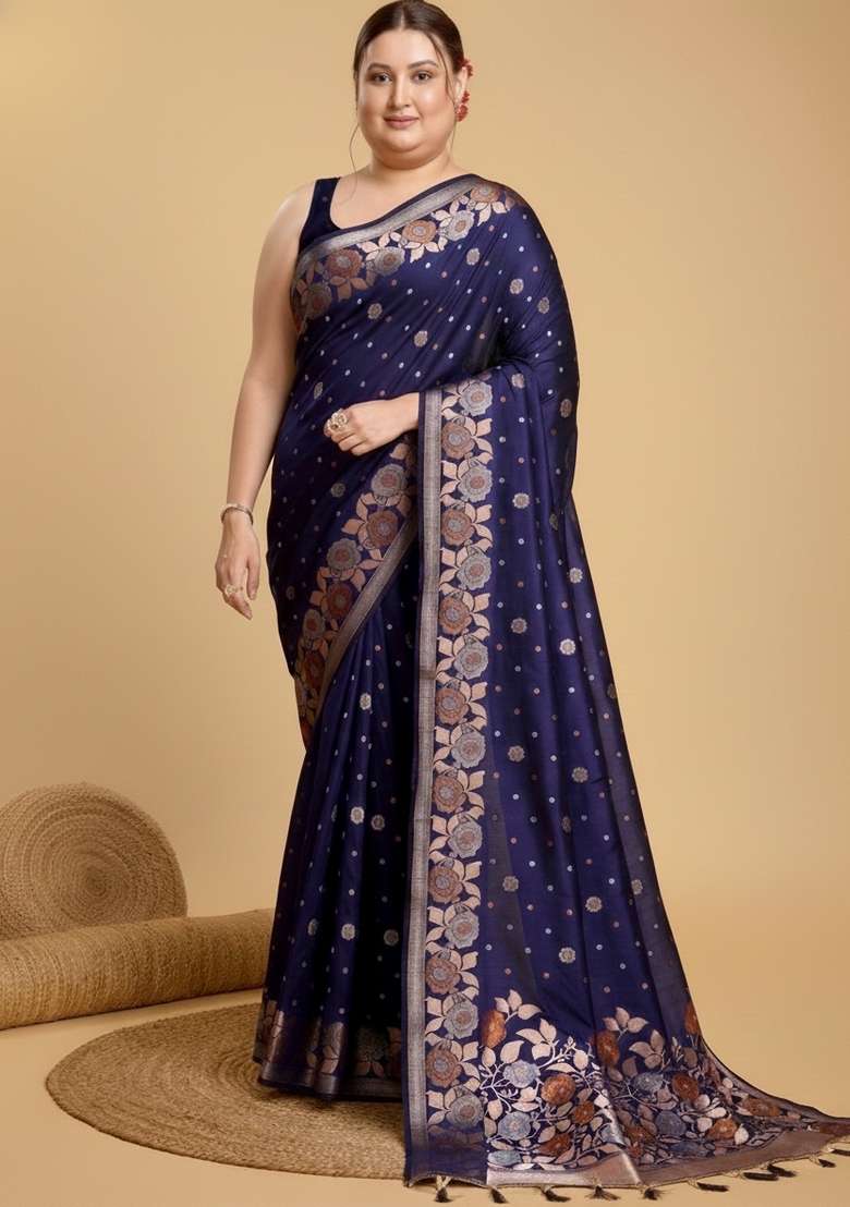 Blue Motif Silk Saree Set - Indya