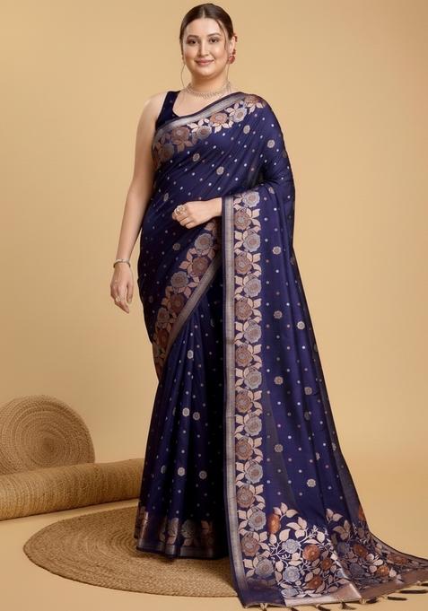 Blue Motif Silk Saree Set