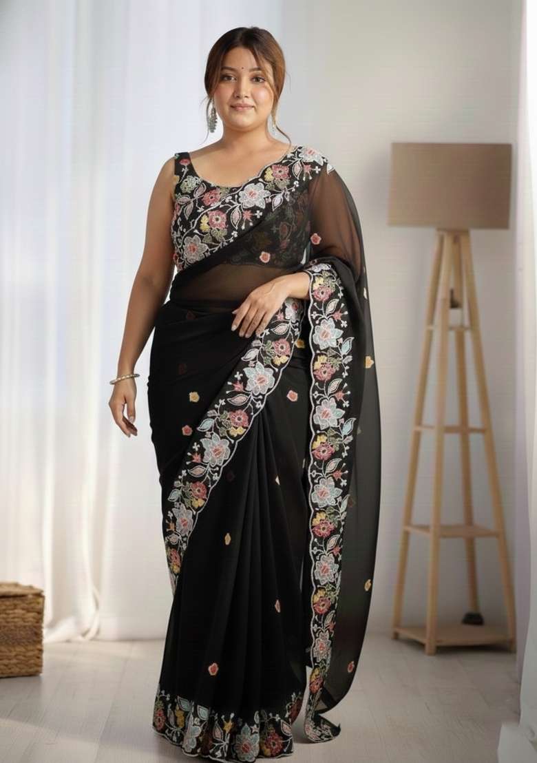 Black Embroidered Woven Saree Set - Indya