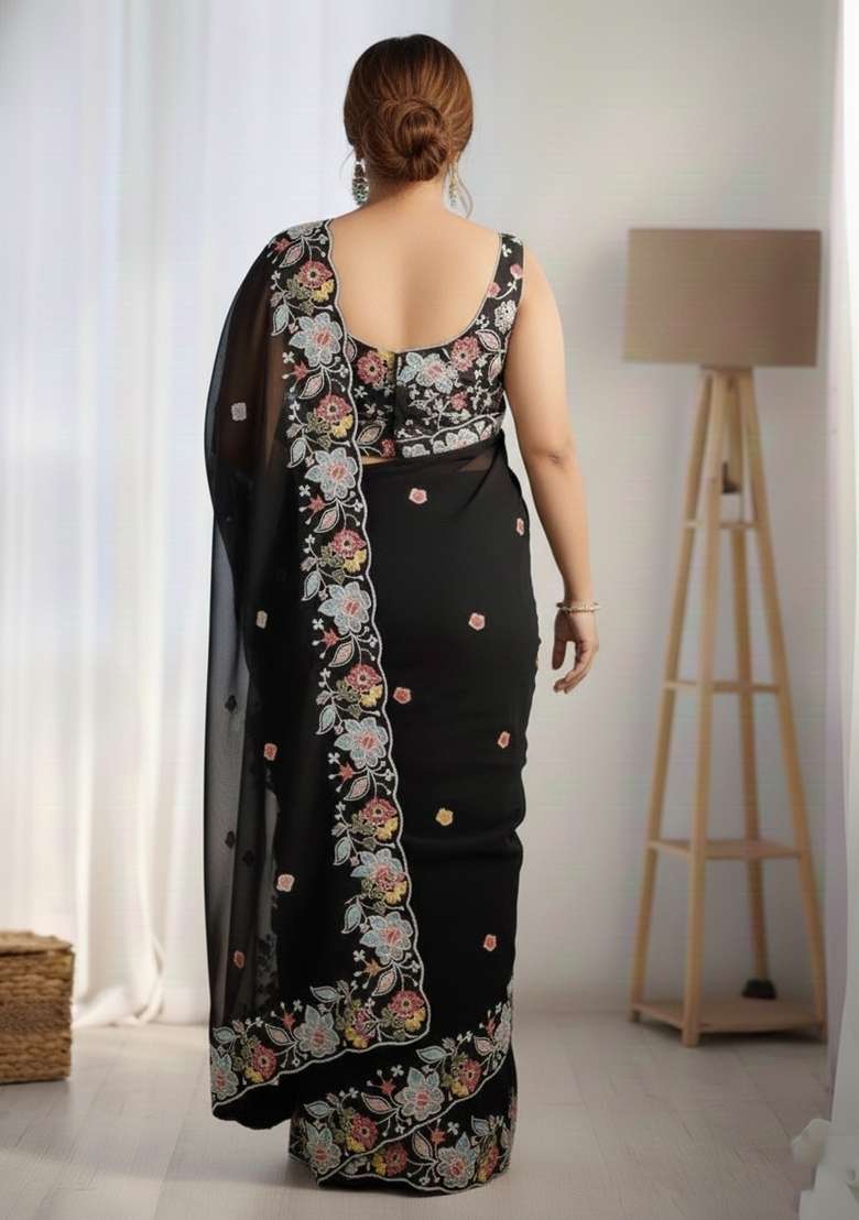 Black Embroidered Woven Saree Set - Indya
