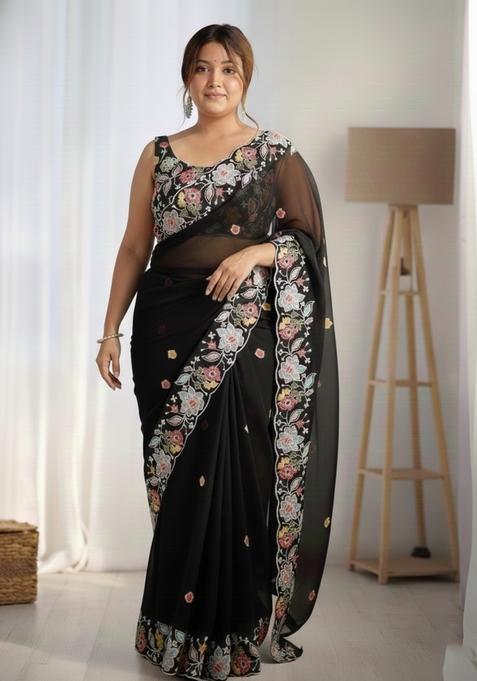 Black Embroidered Woven Saree Set