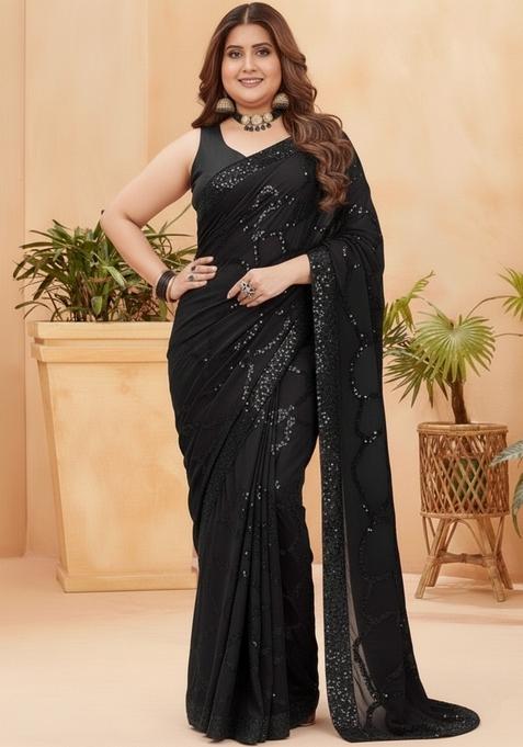 Black Embroidered Woven Saree Set