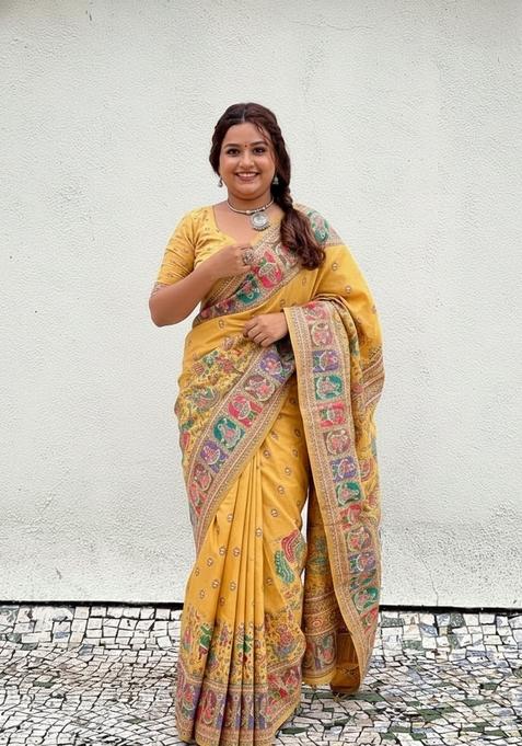 Yellow Meenakari Designer Woven Saree Set