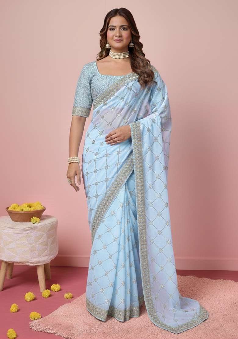 Sky Blue Embroidered Georgette Saree Set - Indya