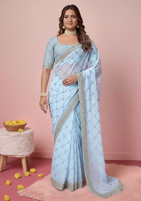 Sky Blue Embroidered Georgette Saree Set