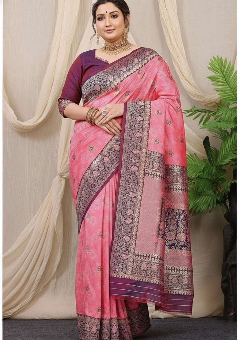 Peach Zari Work Silk Saree Set - Indya