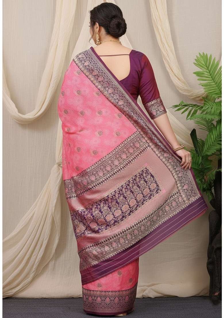 Peach Zari Work Silk Saree Set - Indya