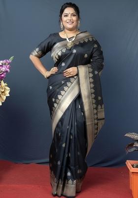 Black Zari Work Silk Saree Set