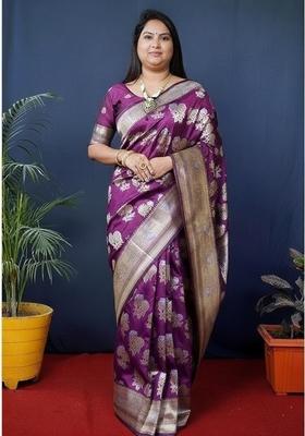 Purple Zari Work Silk Saree Set
