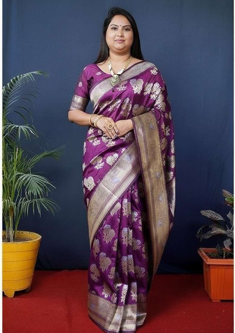 Purple Zari Work Silk Saree Set - Indya