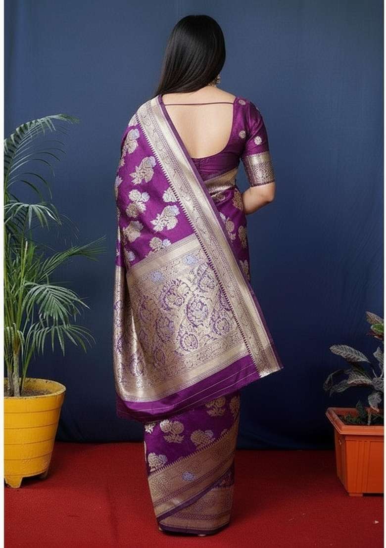 Purple Zari Work Silk Saree Set - Indya