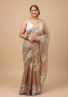 Beige Embroidered Silk Saree Set