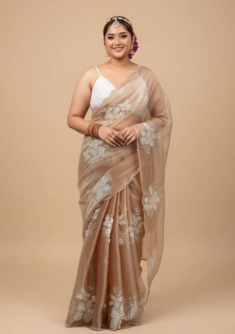 Beige Embroidered Silk Saree Set - Indya