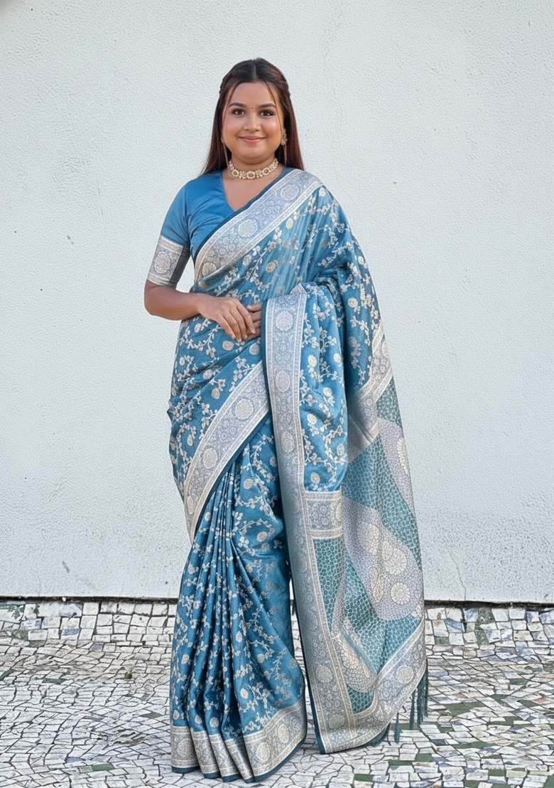 Blue Zari Work Silk Saree Set - Indya
