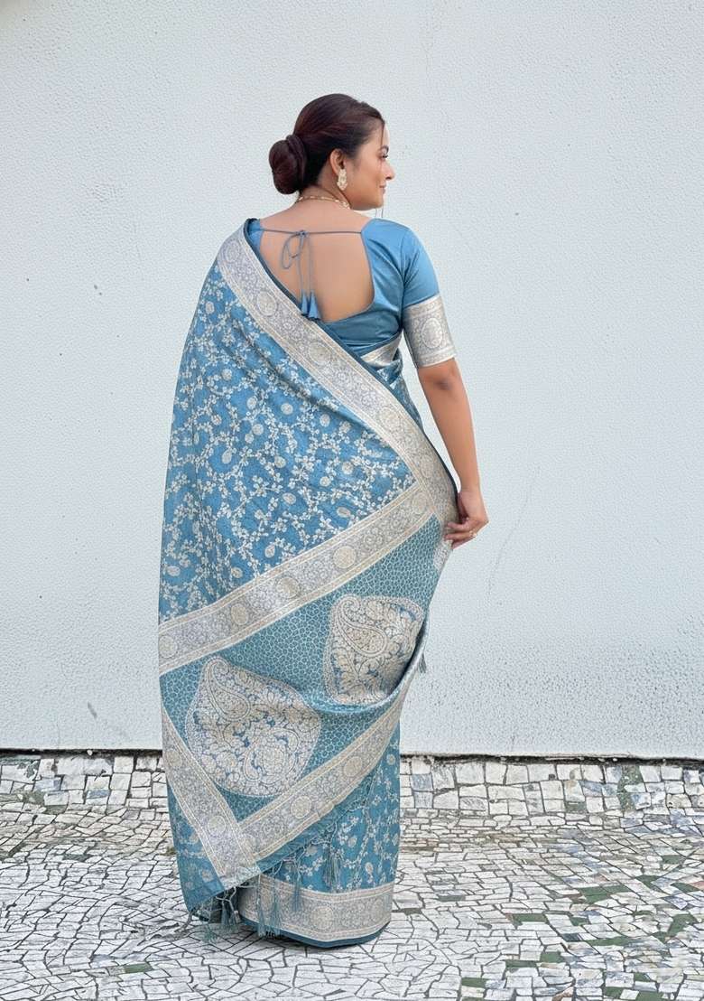 Blue Zari Work Silk Saree Set - Indya