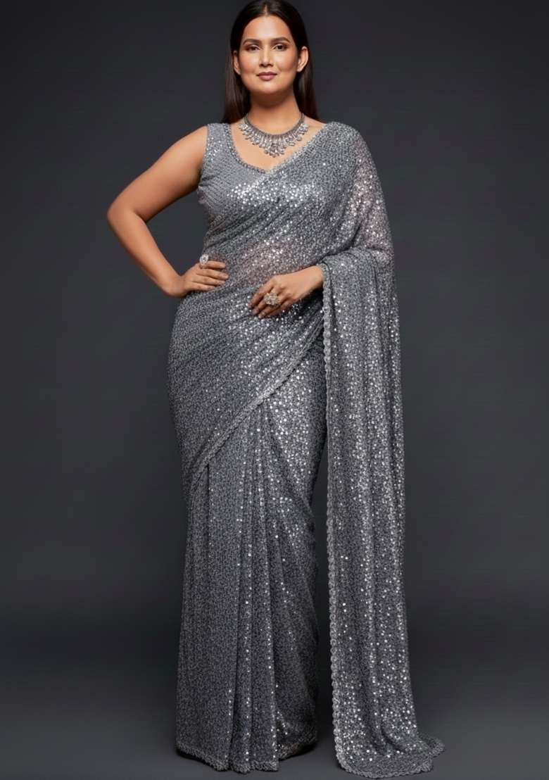 Slate Grey Embroidered Motif Saree Set - Indya