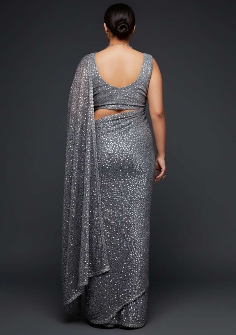 Slate Grey Embroidered Motif Saree Set - Indya