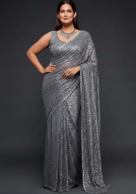 Slate Grey Embroidered Motif Saree Set