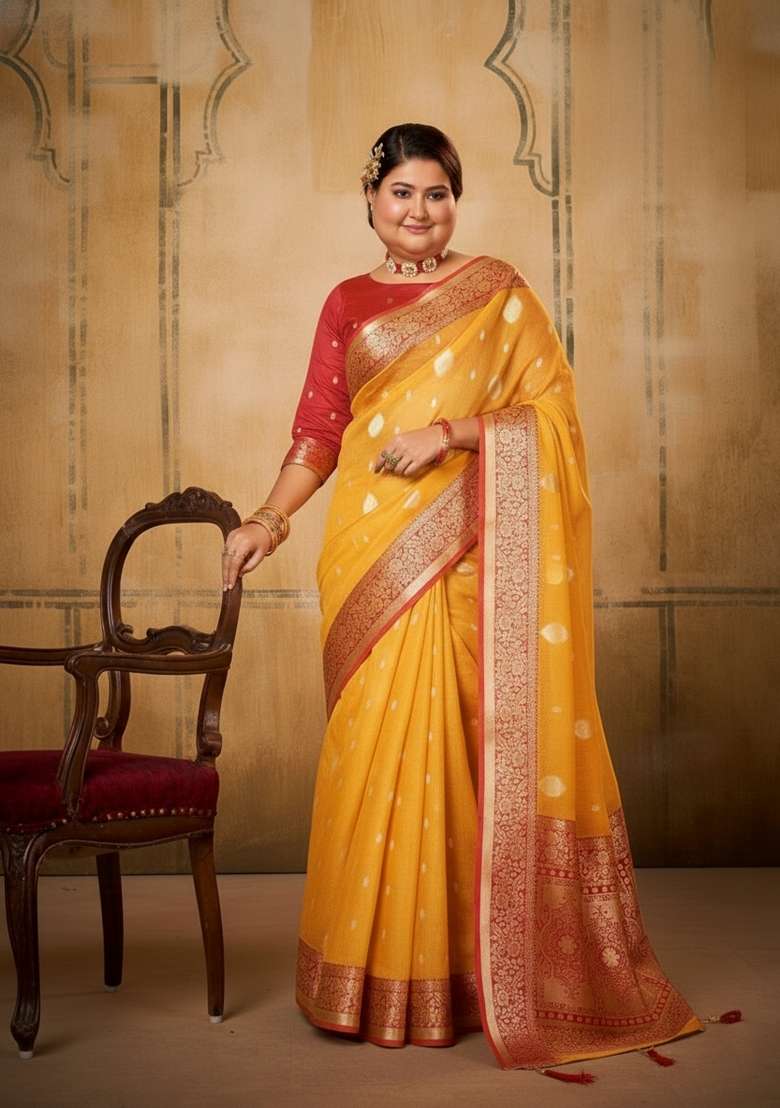 Yellow Zari Work Silk Saree Set - Indya
