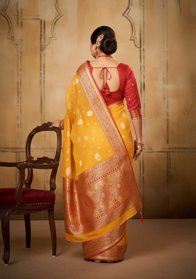 Yellow Zari Work Silk Saree Set - Indya