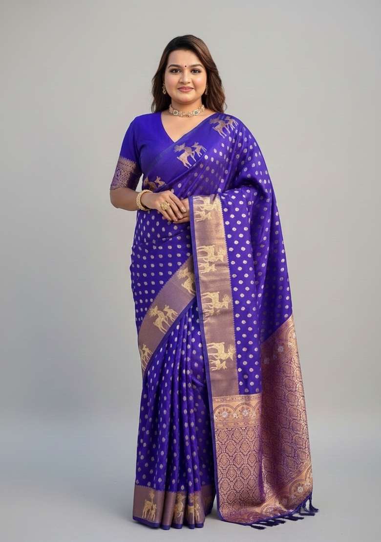 Violet Zari Work Silk Saree Set - Indya