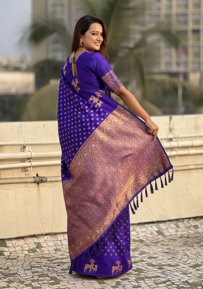 Violet Zari Work Silk Saree Set - Indya