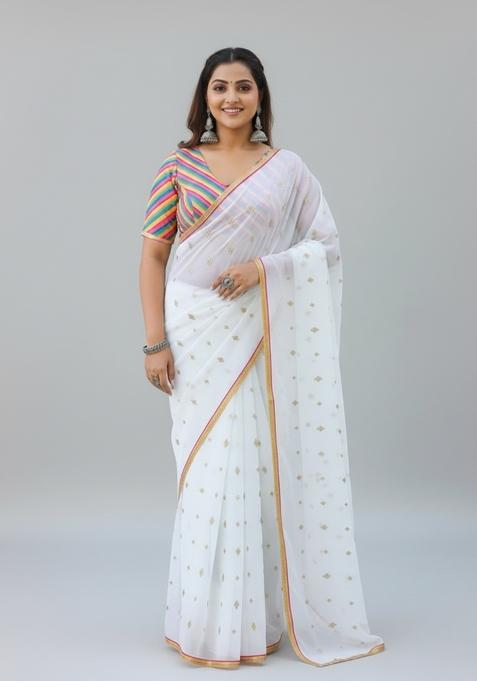 White Embroidered Georgette Saree Set
