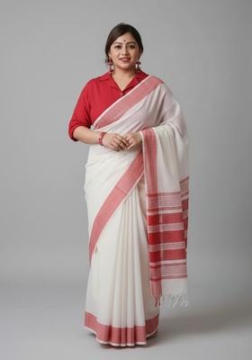 White Motif Linen Saree Set