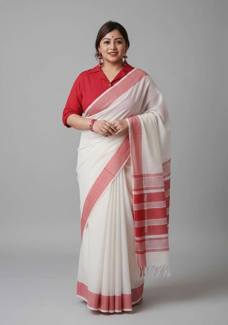 White Motif Linen Saree Set - Indya