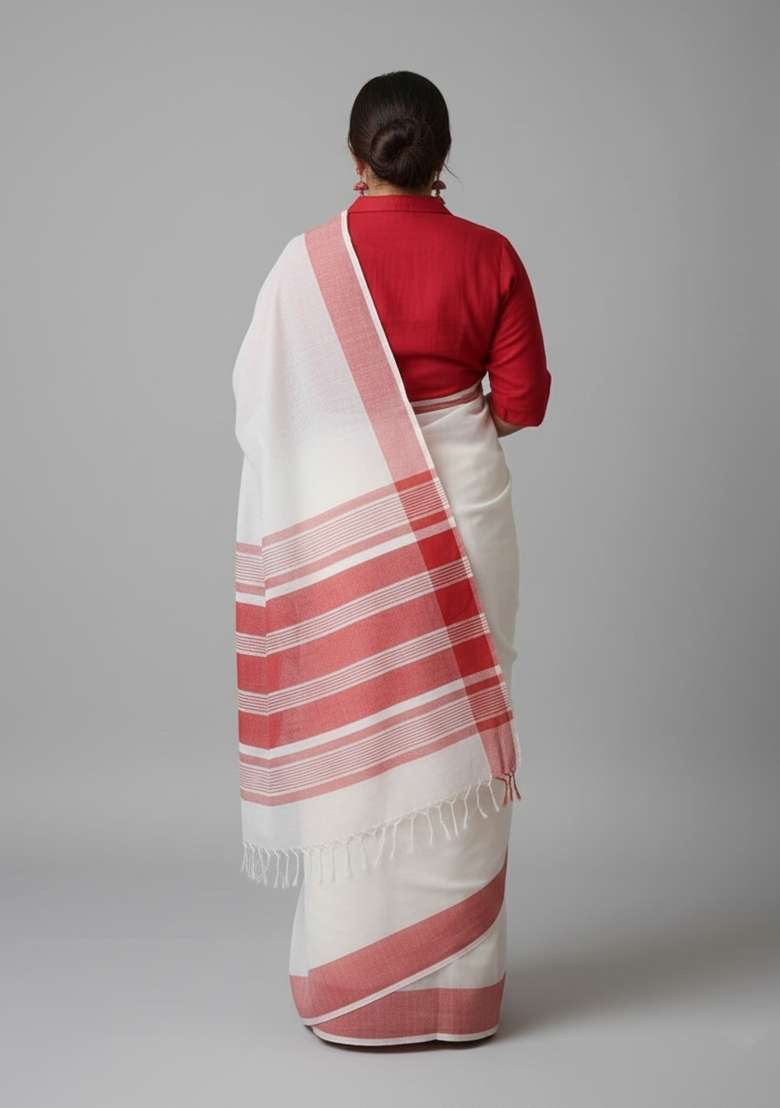 White Motif Linen Saree Set - Indya