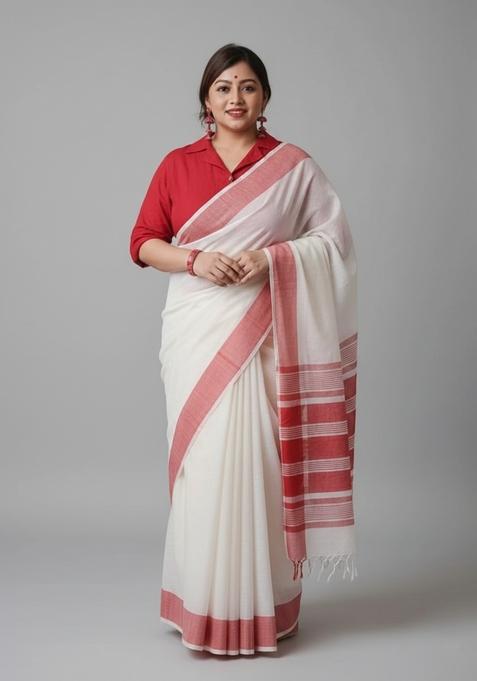 White Motif Linen Saree Set