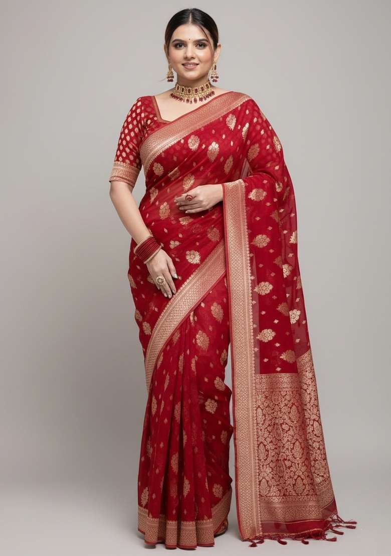 Red Motif Silk Blend Saree Set - Indya